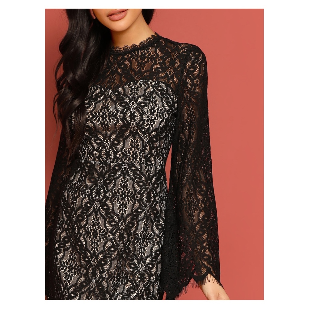 Black Long Sleeve Lace Overlay Cocktail Dress - Picture 4 of 6
